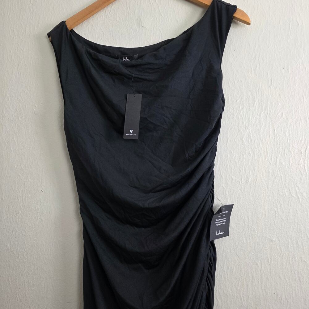 NEW Lulus Incredibly Posh Black Ruched Asymmetrical Midi Dress - Picture 5 of 13